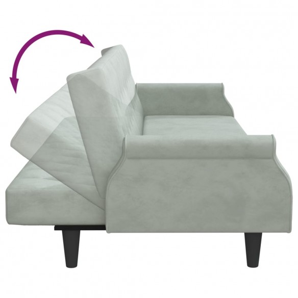 Canapé-lit à 2 places avec oreillers et repose-pied gris clair