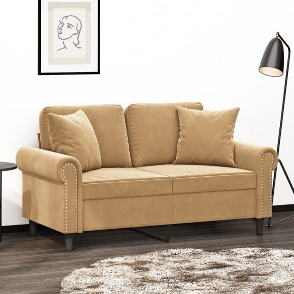 Canapé 2 places avec oreillers décoratifs brun 120 cm velours