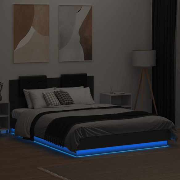 Cadre de lit avec tête de lit et lumières LED noir 140x200 cm