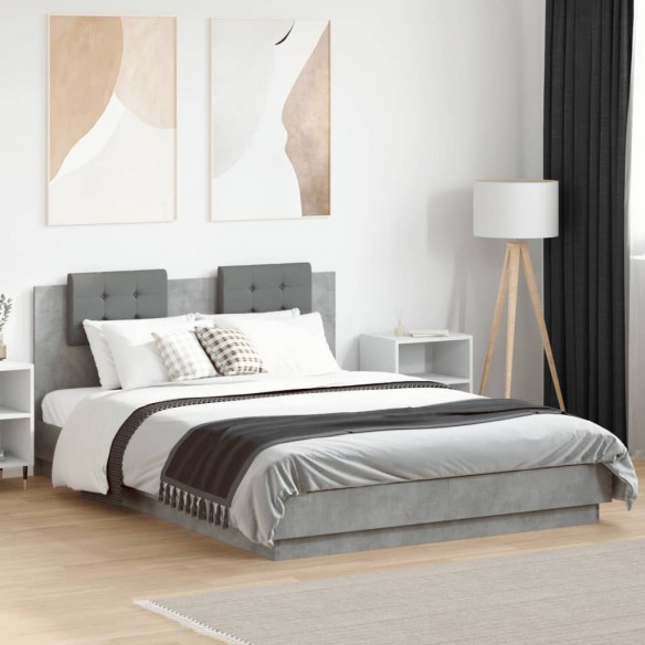 Cadre de lit tête de lit et lumières LED gris béton 140x200 cm