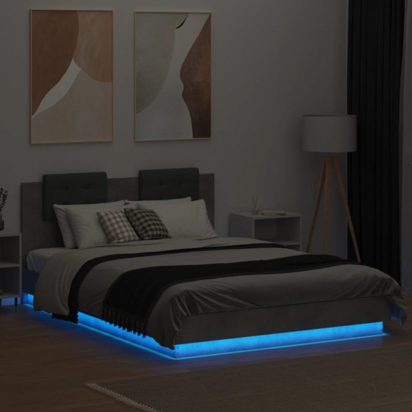 Cadre de lit tête de lit et lumières LED gris béton 140x200 cm