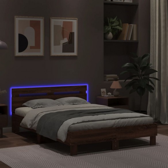 Cadre de lit avec tête de lit et LED chêne marron 135x190 cm