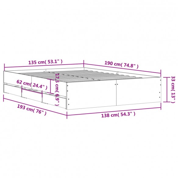 Cadre de lit à tiroirs gris béton 135x190 cm bois d'ingénierie