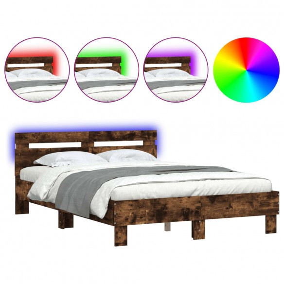 Cadre de lit avec tête de lit et LED chêne fumé 135x190 cm