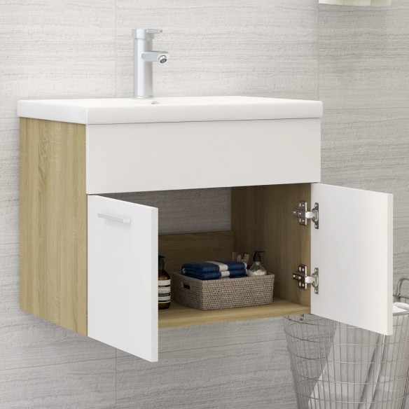 Armoire d'évier et lavabo intégré Blanc/chêne sonoma Aggloméré