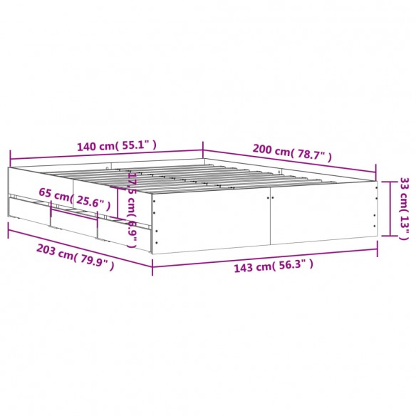 Cadre de lit et tiroirs sonoma gris 140x200cm bois d'ingénierie