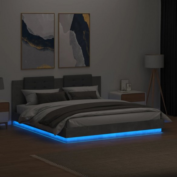 Cadre de lit tête de lit et lumières LED gris béton 160x200 cm