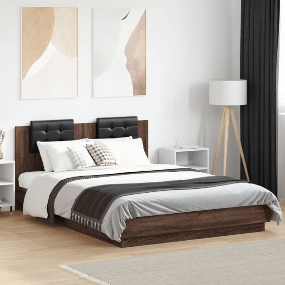 Cadre de lit tête de lit et lumières LED chêne marron 150x200cm