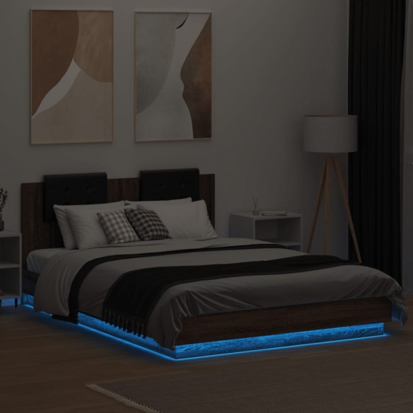 Cadre de lit tête de lit et lumières LED chêne marron 150x200cm