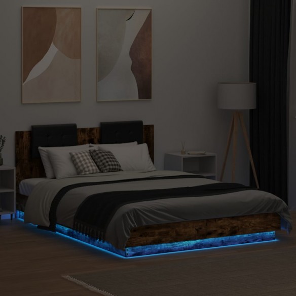 Cadre de lit tête de lit et lumières LED chêne fumé 140x200 cm