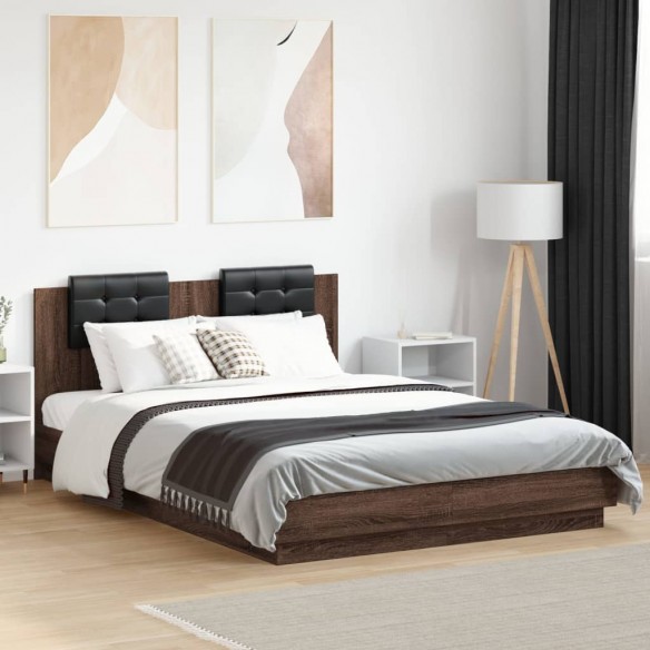 Cadre de lit tête de lit et lumières LED chêne marron 140x200cm