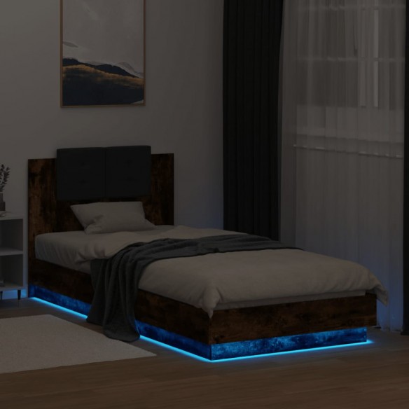 Cadre de lit tête de lit et lumières LED chêne fumé 100x200 cm