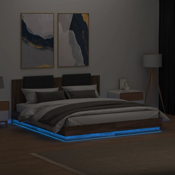 Cadre de lit tête de lit et lumières LED chêne marron 160x200cm