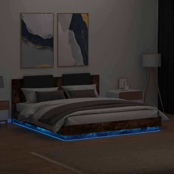 Cadre de lit tête de lit et lumières LED chêne fumé 160x200 cm