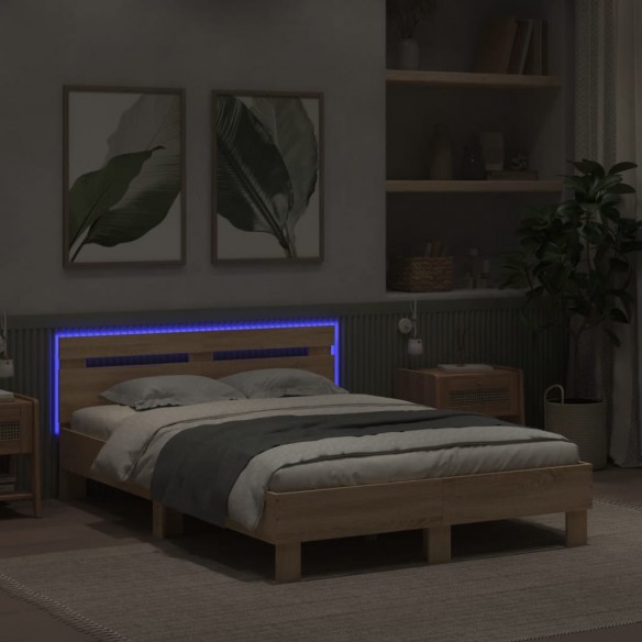 Cadre de lit avec tête de lit et LED chêne sonoma 135x190 cm
