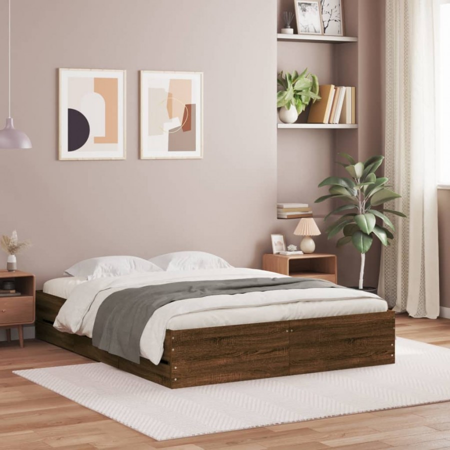 Cadre de lit à tiroirs chêne brun 135x190 cm bois d'ingénierie