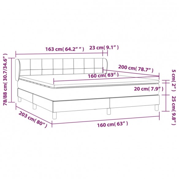 Cadre de lit et matelas Gris foncé 160x200cm Velours