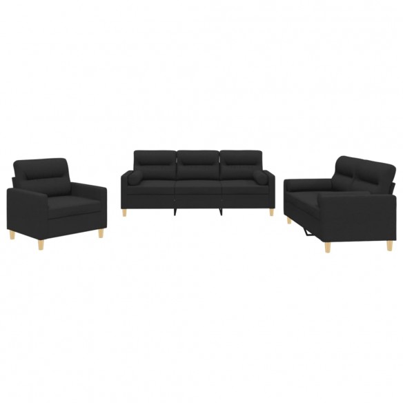 Ensemble de canapés 3 pcs avec coussins noir tissu