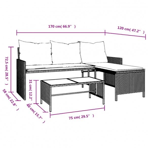 Canapé de jardin avec table et coussins en forme de L noir