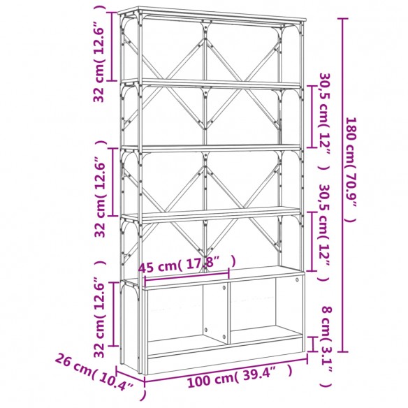 Bibliothèque chêne marron 100x26x180cm bois ingénierie et métal