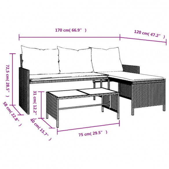 Canapé de jardin et table et coussins en forme de L gris clair