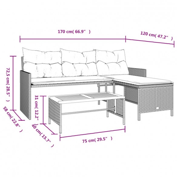 Canapé de jardin avec table et coussins en forme de L gris