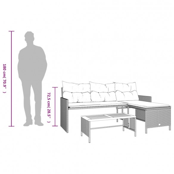 Canapé de jardin avec table et coussins en forme de L gris