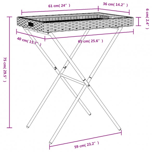 Table à plateau pliable marron 65x40x75 cm résine tressée