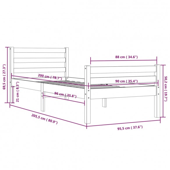 Cadre de lit Gris Bois massif 90x200 cm