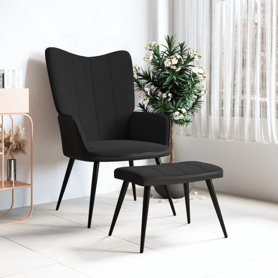 Chaise de relaxation avec repose-pied Noir Velours et PVC