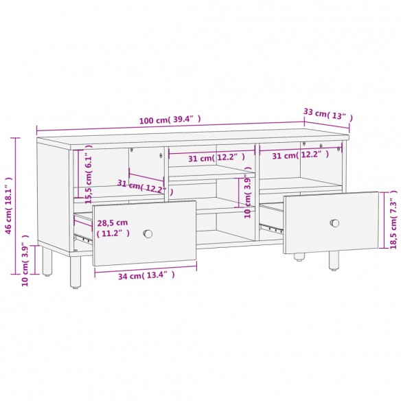 Meuble TV noir 100x33x46 cm bois massif de manguier