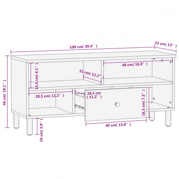 Meuble TV noir 100x33x46 cm bois massif de manguier