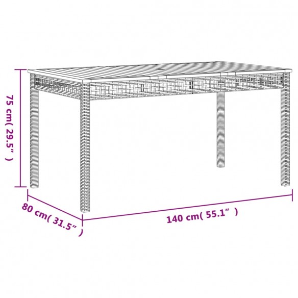 Table de jardin noir 140x80x75 cm résine tressée et bois acacia