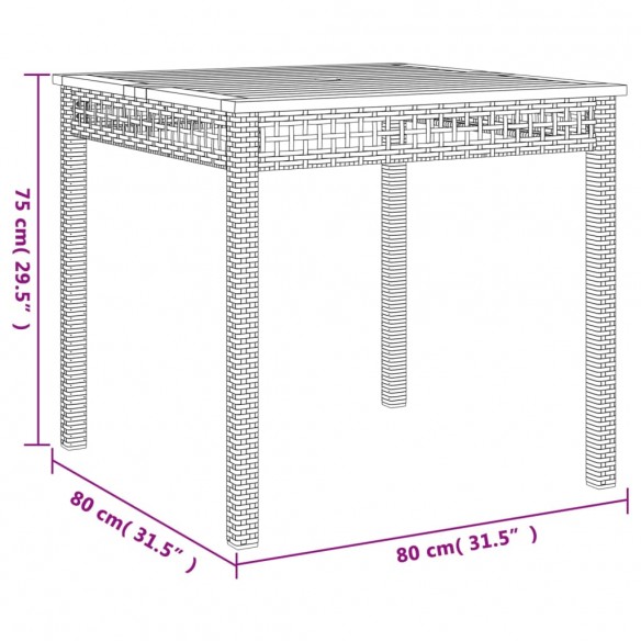 Table de jardin gris 80x80x74 cm résine tressée et bois acacia