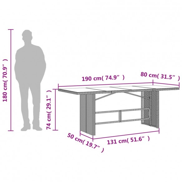 Table de jardin dessus en verre marron 190x80x74 cm