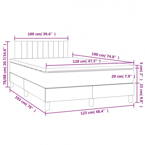 Cadre de lit matelas LED gris clair 120x190 cm tissu