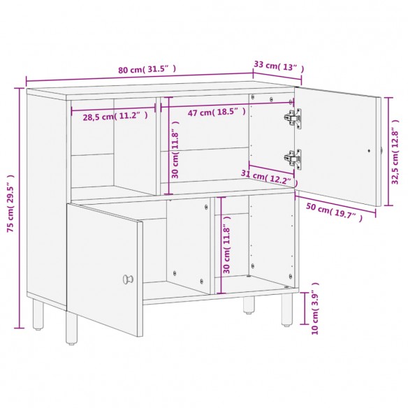 Armoire latérale noir 80x33x75 cm bois massif de manguier