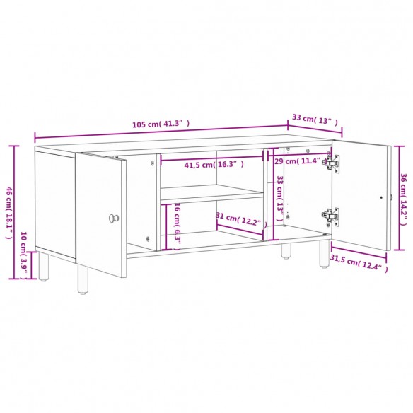 Meuble TV noir 105x33x46 cm bois massif de manguier