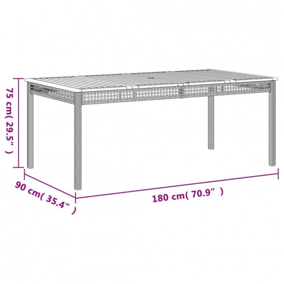 Table de jardin noir 180x90x75 cm résine tressée et bois acacia