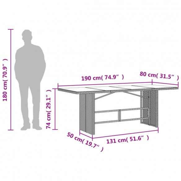 Table de jardin dessus en verre gris clair 190x80x74 cm