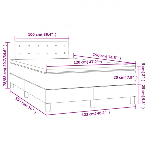 Cadre de lit matelas et LED marron foncé 120x190 cm