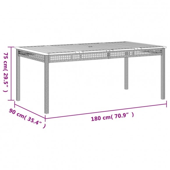 Table de jardin gris 180x90x75 cm résine tressée et bois acacia