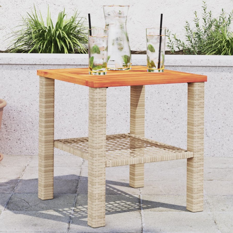 Table de jardin beige 40x40x42 cm résine tressée et bois acacia