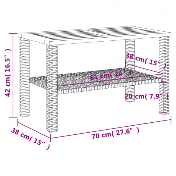 Table de jardin gris 70x38x42 cm résine tressée et bois acacia