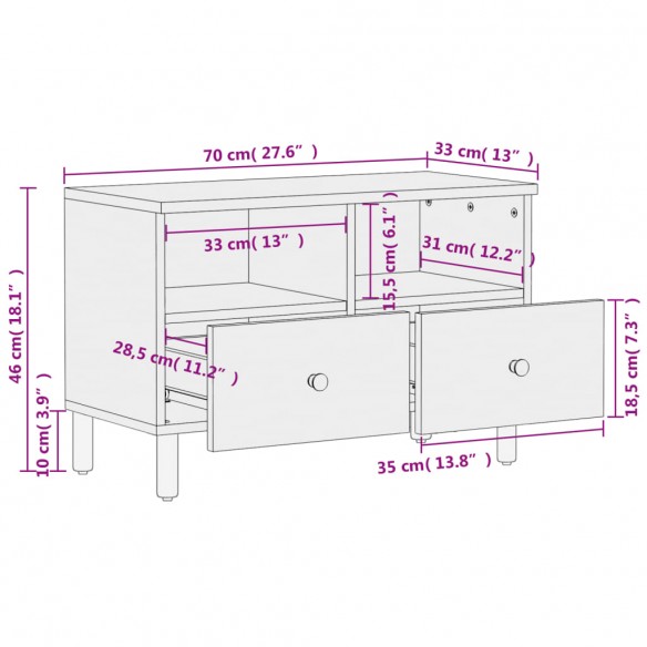 Meuble TV noir 70x33x46 cm bois massif de manguier