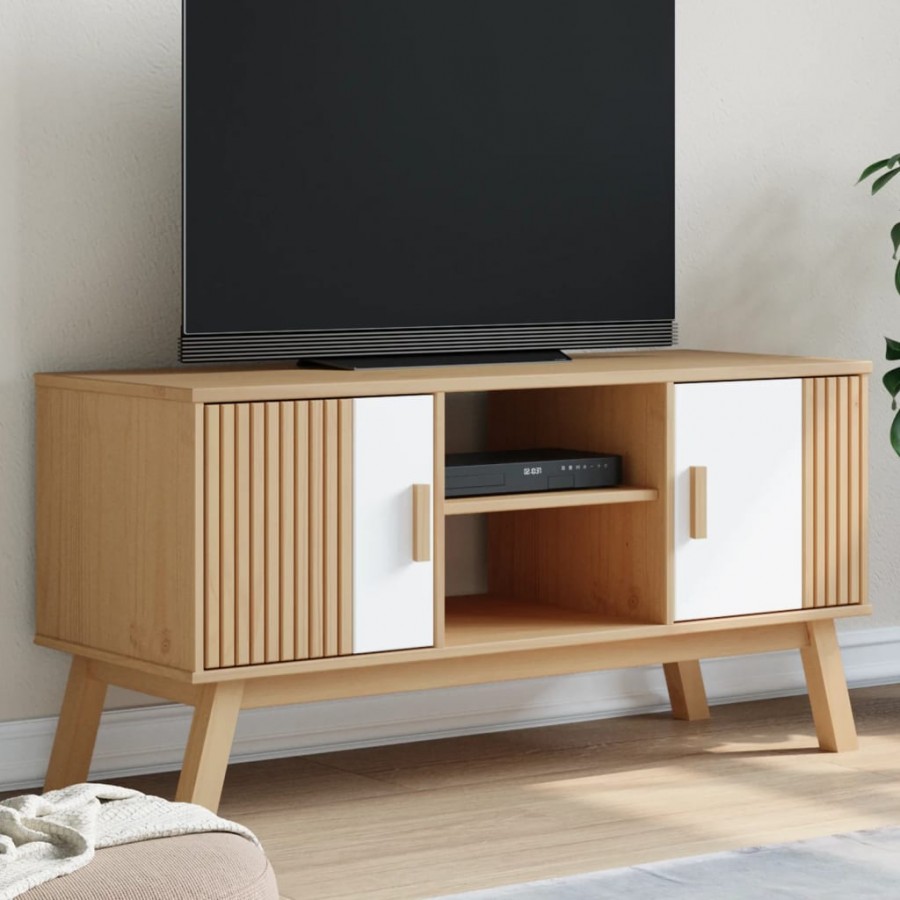 Meuble TV OLDEN blanc et marron 114x43x57 cm bois de pin massif