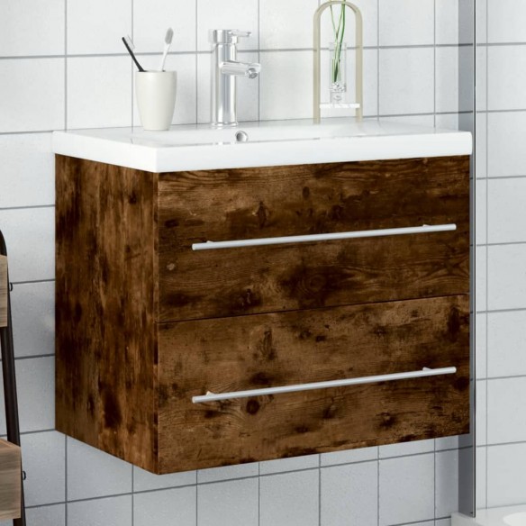 Armoire lavabo de salle de bain avec bassin intégré chêne fumé