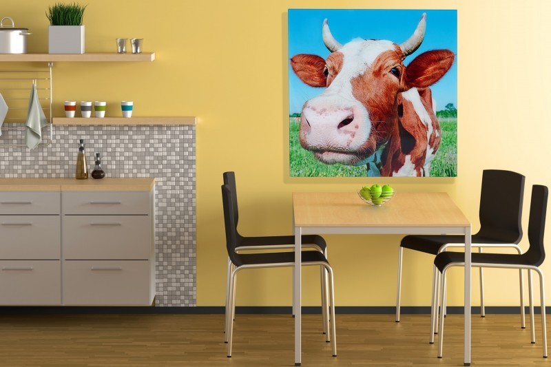 Tableau décoratif mural 80x80 cm "tête de vache multicouleur"