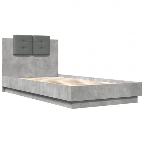 Cadre de lit tête de lit et lumières LED gris béton 90x190 cm