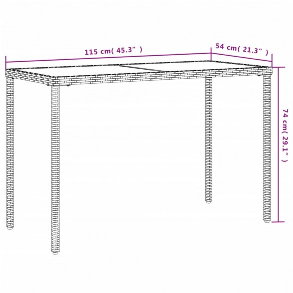 Table de jardin dessus en verre gris clair 115x54x74 cm rotin